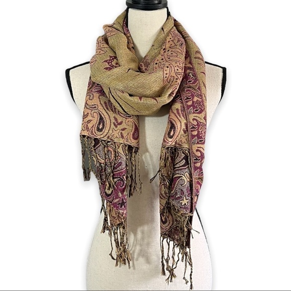 Paisley Print Metallic Gold and Magenta Tasseled Shawl - Picture 2 of 13